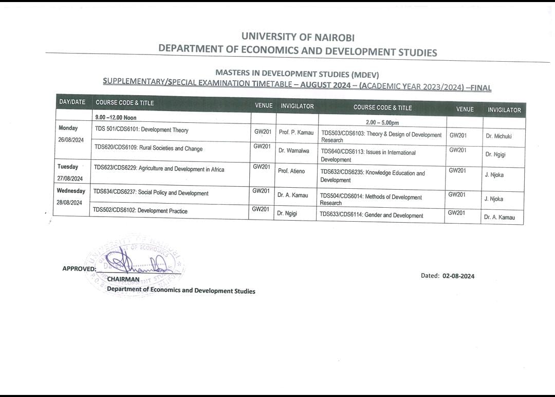 MDEV Supplementary Examination Timetable