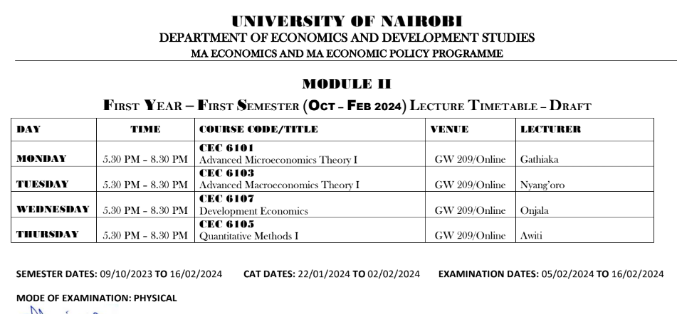 PHD AND MASTERS (EVENING ) LECTURE TIMETABLE