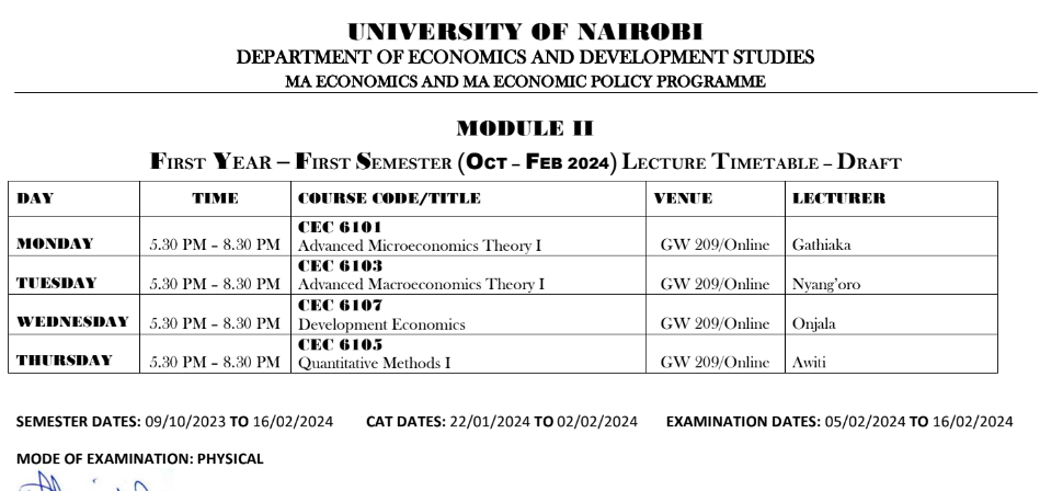 PHD AND MASTERS (EVENING ) LECTURE TIMETABLE
